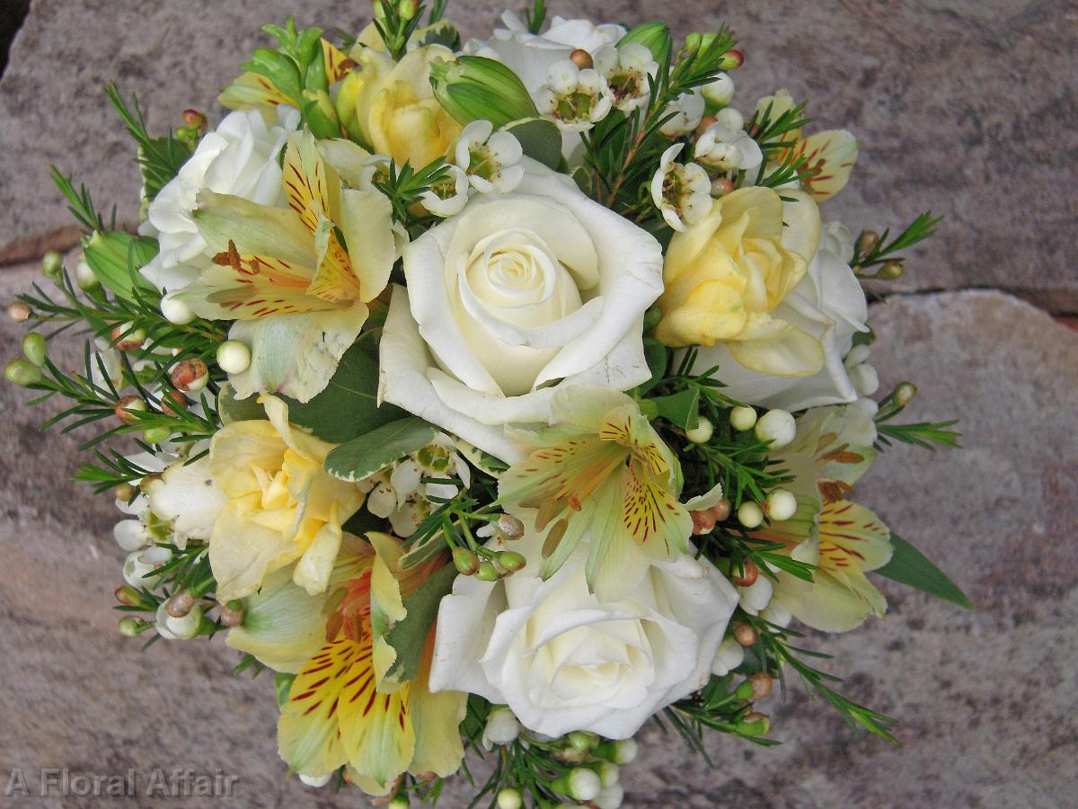 BB0266-White Rose, Yellow Freesia, and Alstroemeria Bridal Bouquet