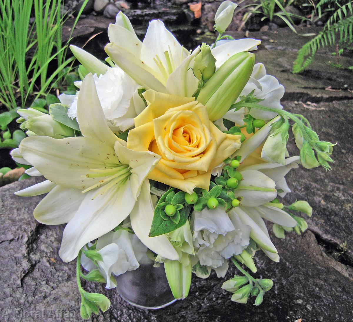 BB0341-White Lily, Sweet Pea, and Yellow Rose Bridal Bouquet