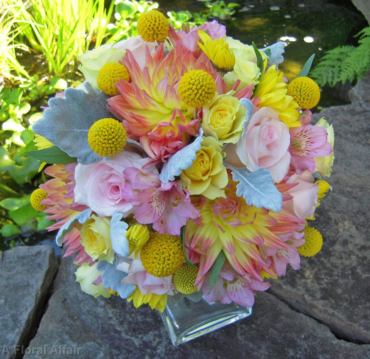 BB0433-Pink and Yellow Dahlia and Rose Bride's Bouquet