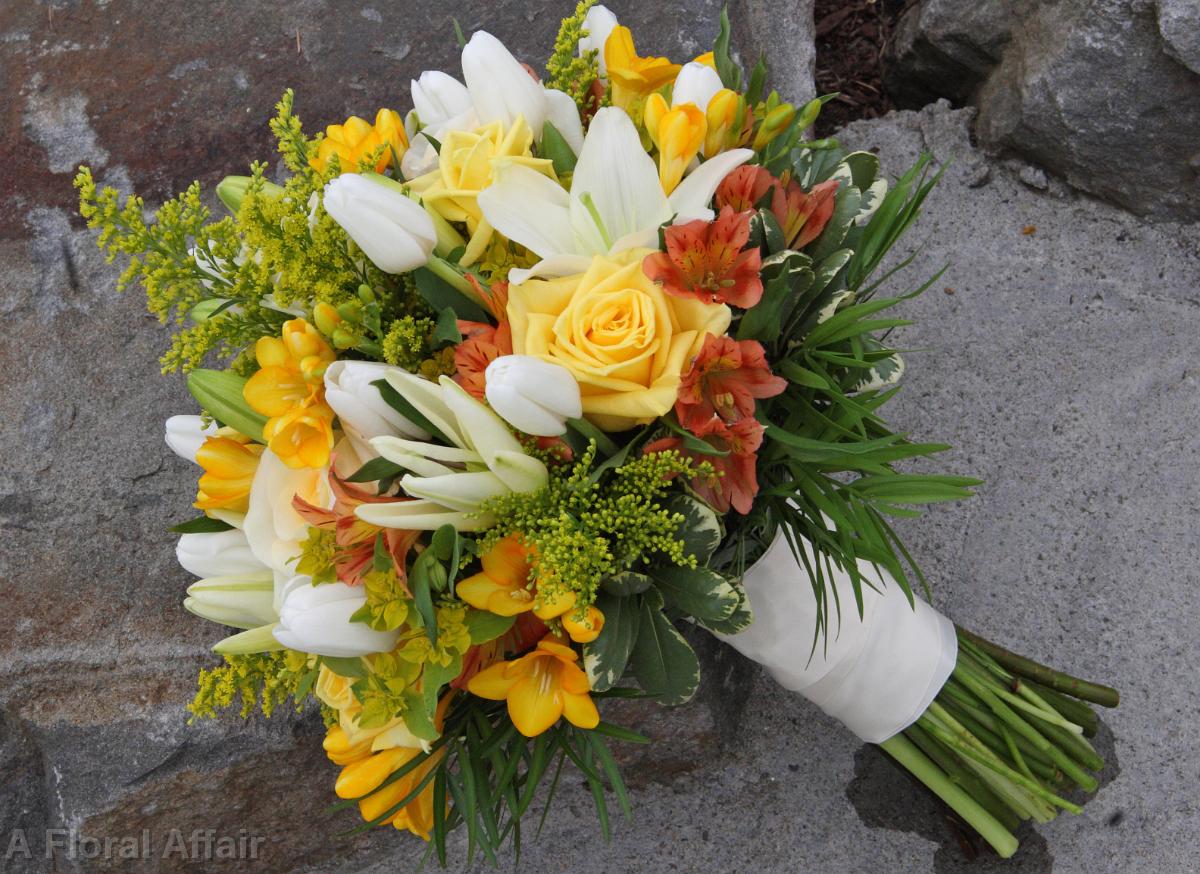 BB0552-Orange, Yellow, and White Wild Flower Brides Bouquet