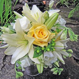 BB0341-White Lily, Sweet Pea, and Yellow Rose Bridal Bouquet