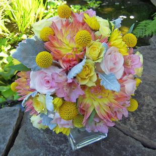 BB0433-Pink and Yellow Dahlia and Rose Bride's Bouquet