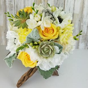 BB1392-Succulent, Yellow and White Brides Bouquet