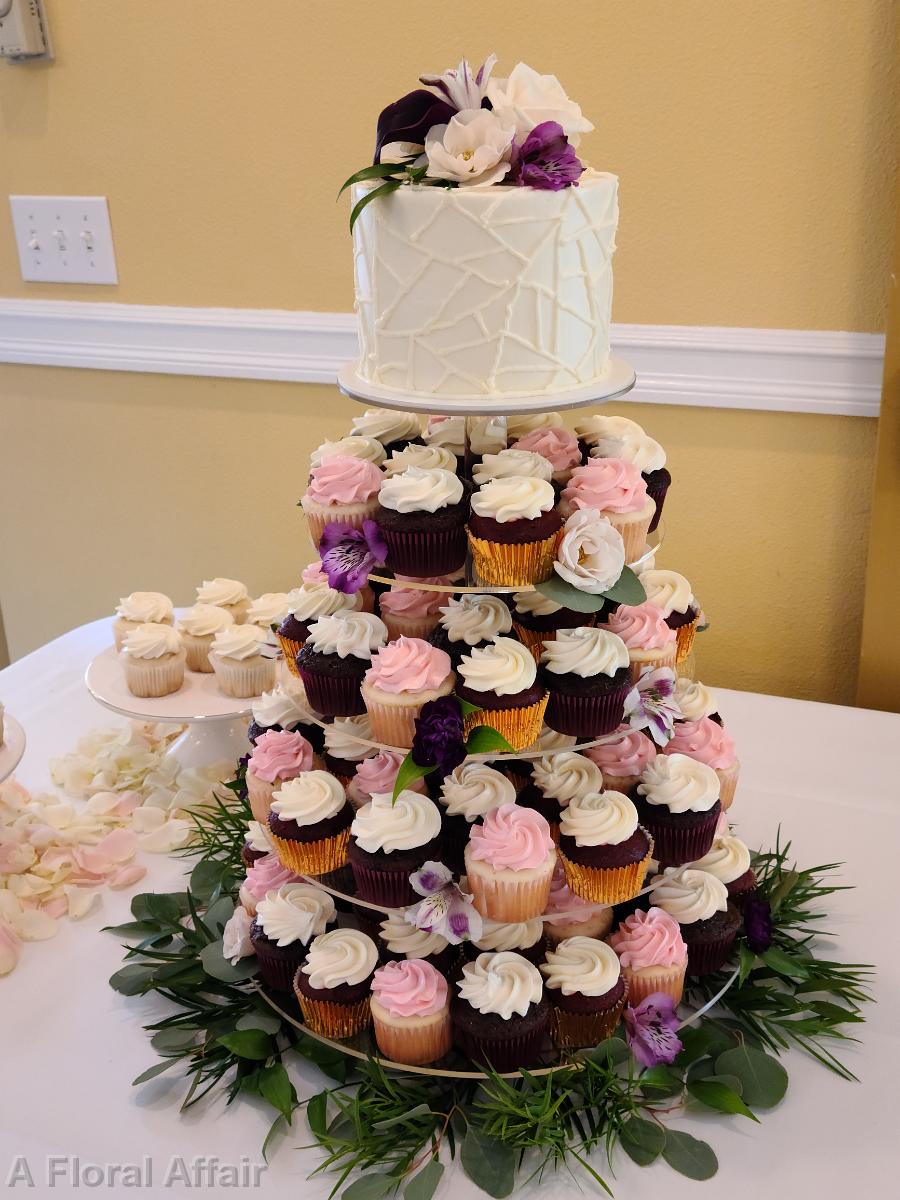 CA0209-Wedding Cake and Cupcake Tower in Blush, White and Plum