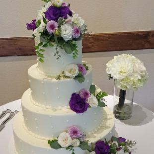 CA0155-White Cake with Cascading Purple and White Flowers