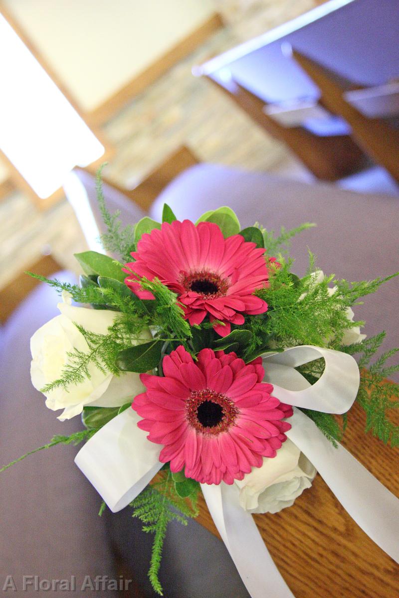 AM0607-Pink Gerbera Daisy and White Rose Pew Flowers