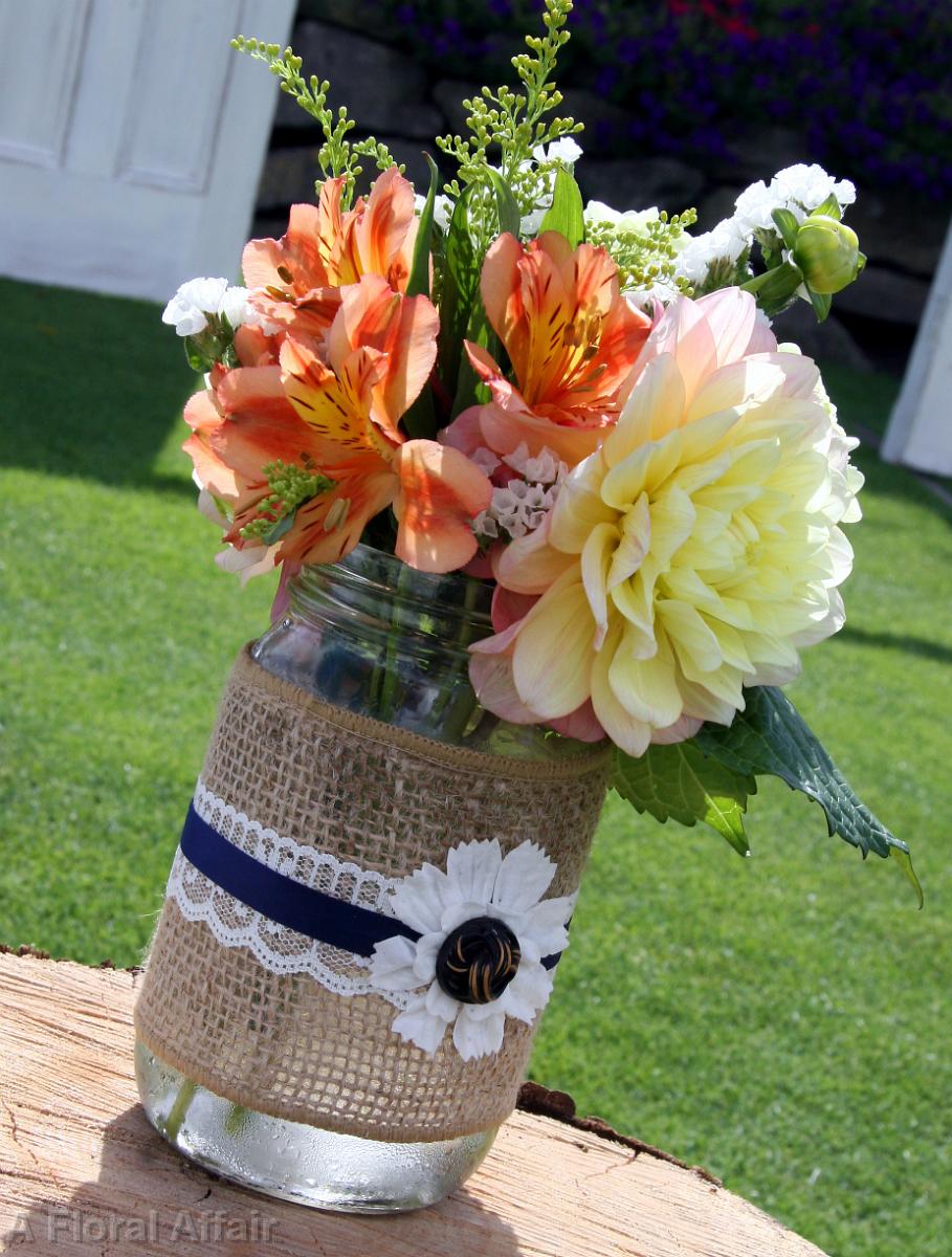 RF0592-Burlap and Lace Covered Mason Jar in Coral, Apricot and Navy Blue