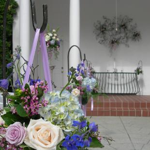 AM0286-Lavender, Blue and Ivory Shepherd Hook Arrangements