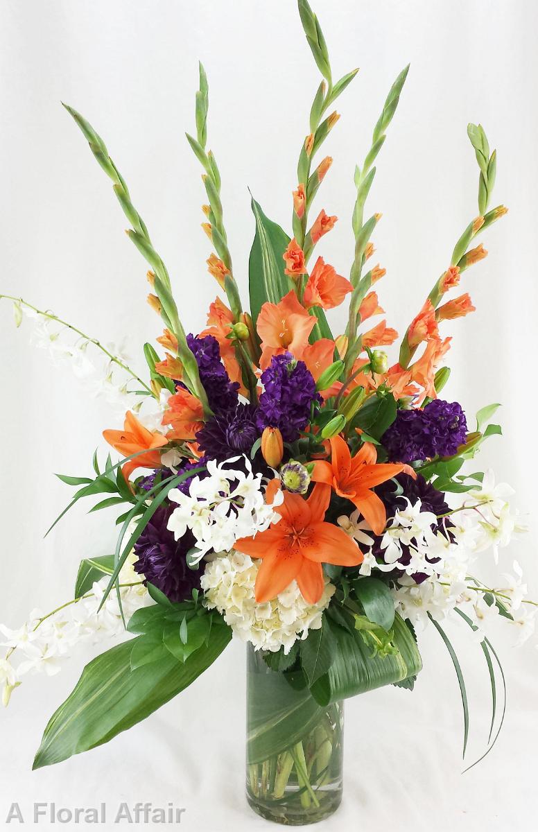 CF0682-Large Contemporary Orange and Purple Arrangement with White Orchids and Orange Gladiolas edited-1