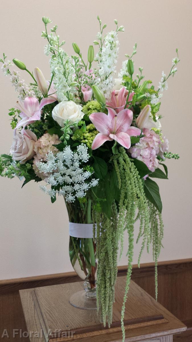 CF0706-Pink and White Ceremony Arrangement with Hanging Amaranthus