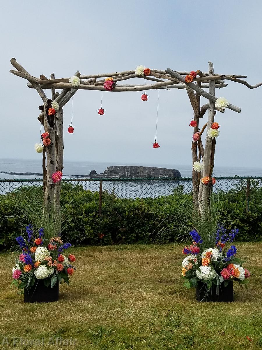 CF0918-Driftwood Wedding Arbor in Coral and Blues