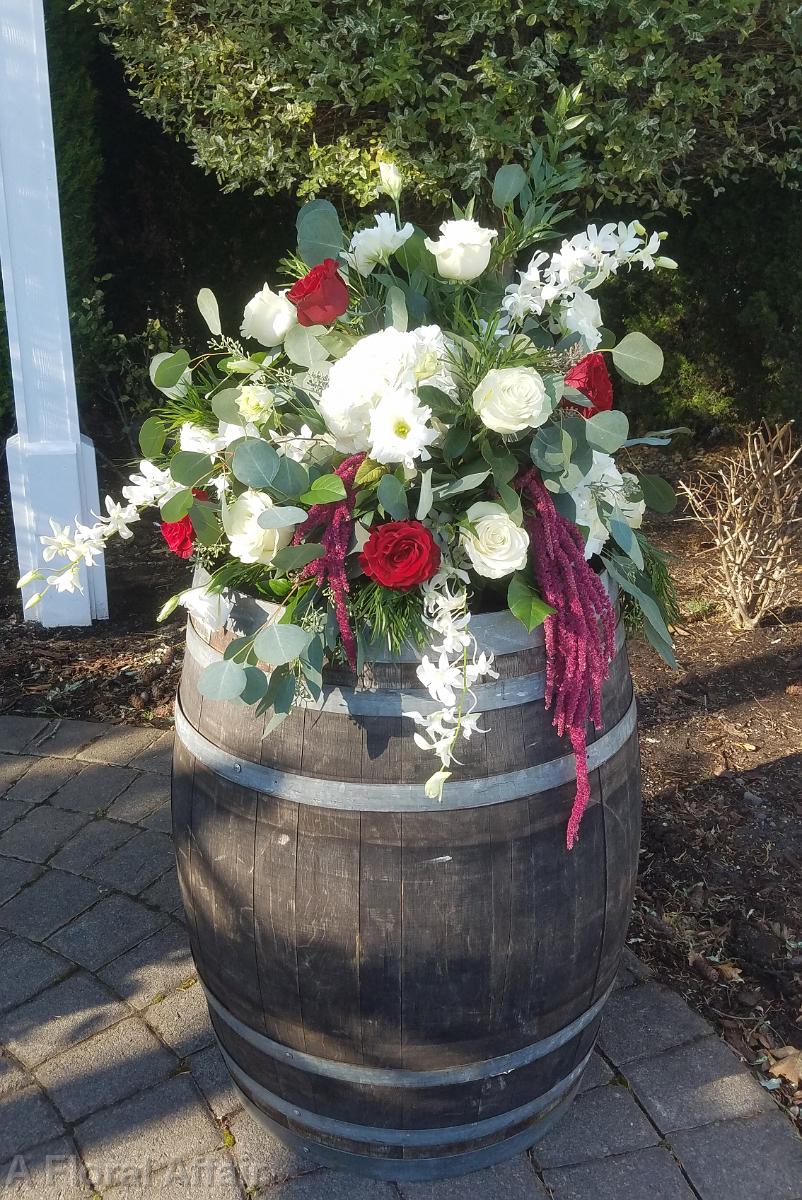CF09286-Wine Barrell with White and Red Flowers and Greenery