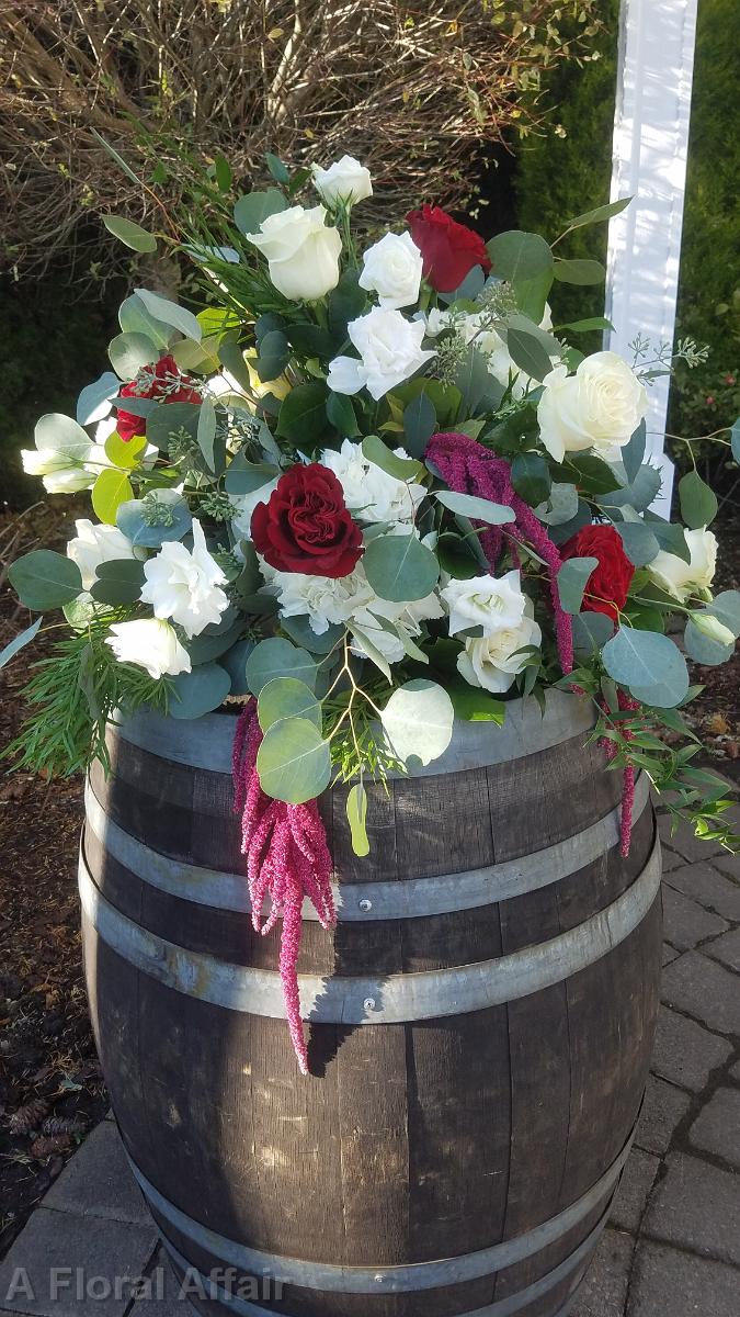 CF09287-Wine and White Flower Arrangement on Wine Barrel
