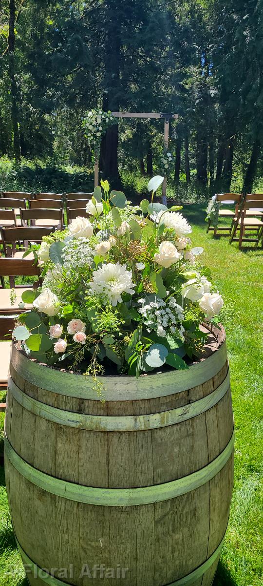 CF9374- White and Blush Wine Barrel Arrangement For Wedding Ceremony