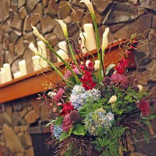 CF0498-Wedding Flowers In Front of Large Fireplace. JPG