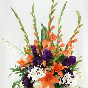 CF0682-Large Contemporary Orange and Purple Arrangement with White Orchids and Orange Gladiolas edited-1