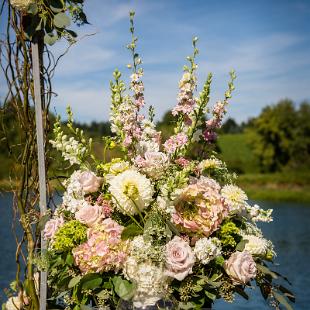 CF0869-Blush and Ivory Wedding Ceremony Arrangement on Wine Barrell