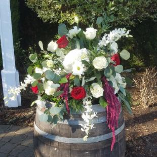 CF09286-Wine Barrell with White and Red Flowers and Greenery