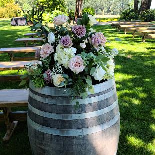 CF09328-Dusty Mauve , Blush and White Wedding Ceremony Arrangement on Wine Barrel