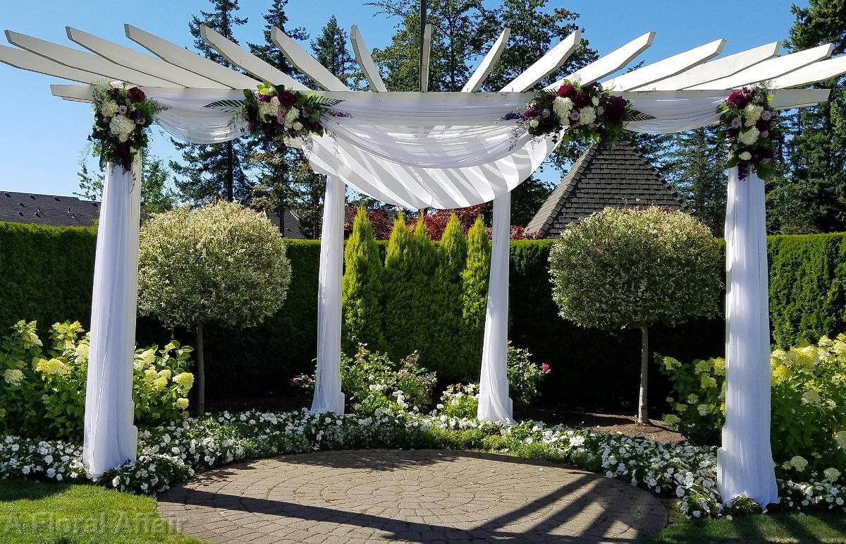 CF0911-White Chiffon and Purple Floral Wedding Arbor