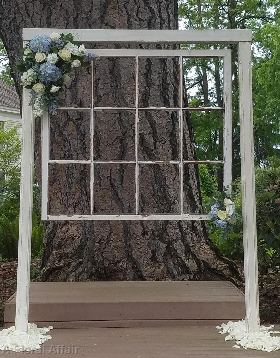 CF09253-Vintage Window Wedding Backdrop with Blue and White Flowers