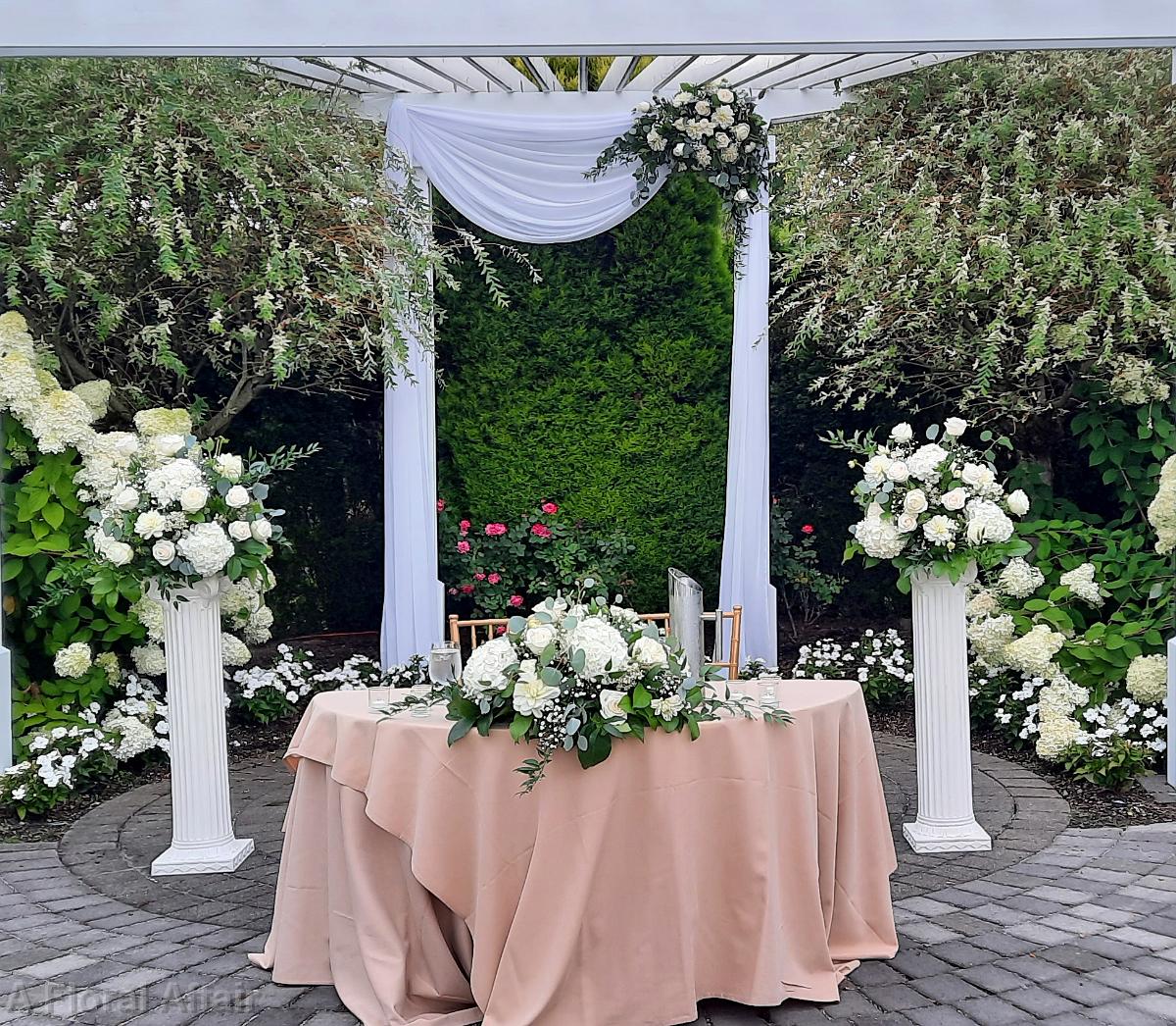 RF1547- Sweethear Table, Ceremony Arrangements, and Arbor Flowers in All White at The Aerie