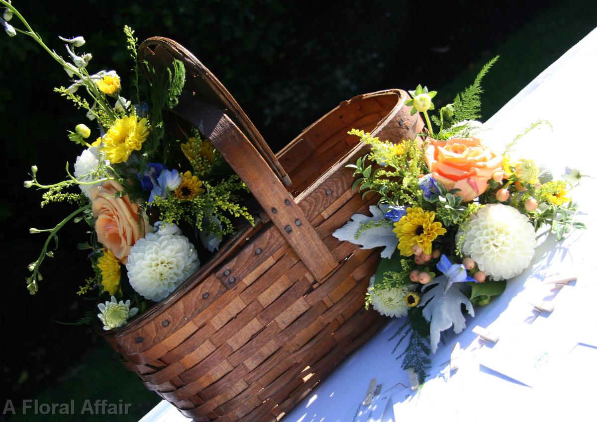 FT0710-Apricot, Blue, White, and Yellow Romantic Natural Garden Guest Book Basket Arrangement