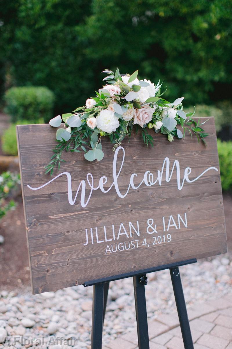 FT0765-Welcome Sign with Eucalyptus and Blush and White Flowers