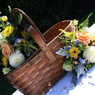 FT0710-Apricot, Blue, White, and Yellow Romantic Natural Garden Guest Book Basket Arrangement
