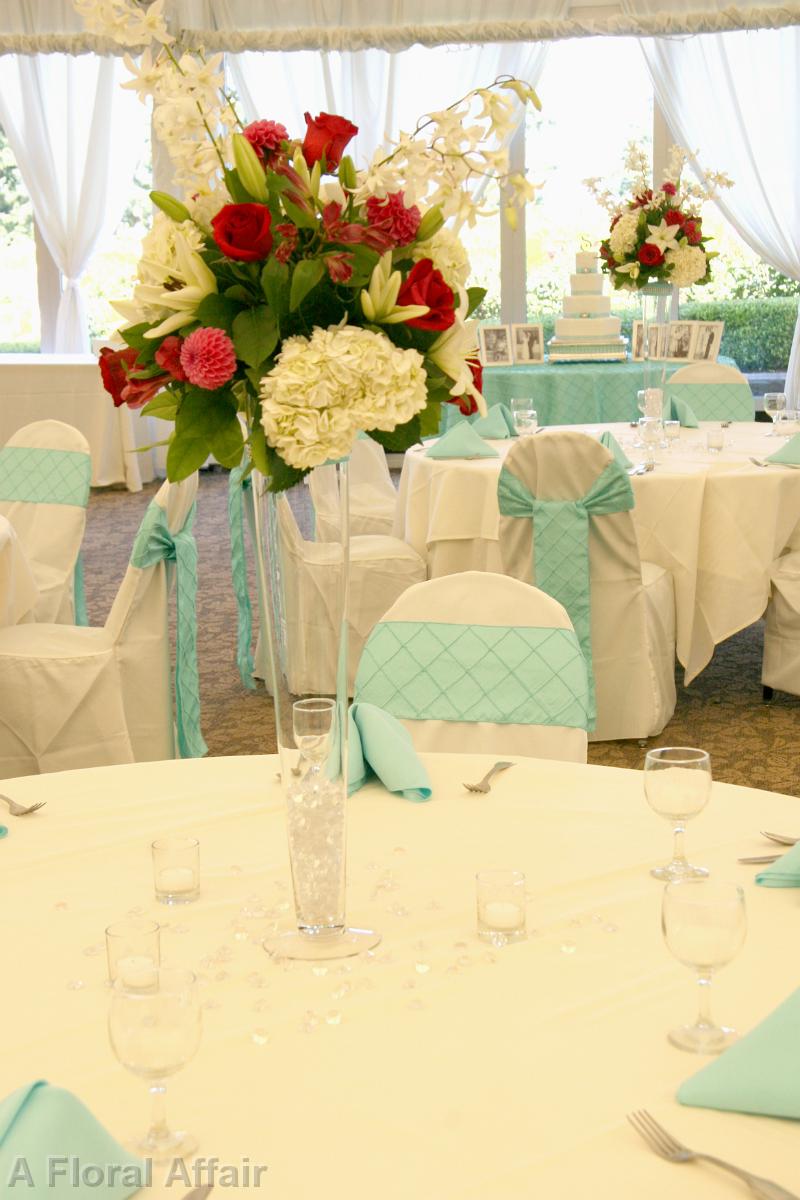 RF1088-Hot Pink, Aqua, and White Tall Centerpiece with Crystals in the Vase
