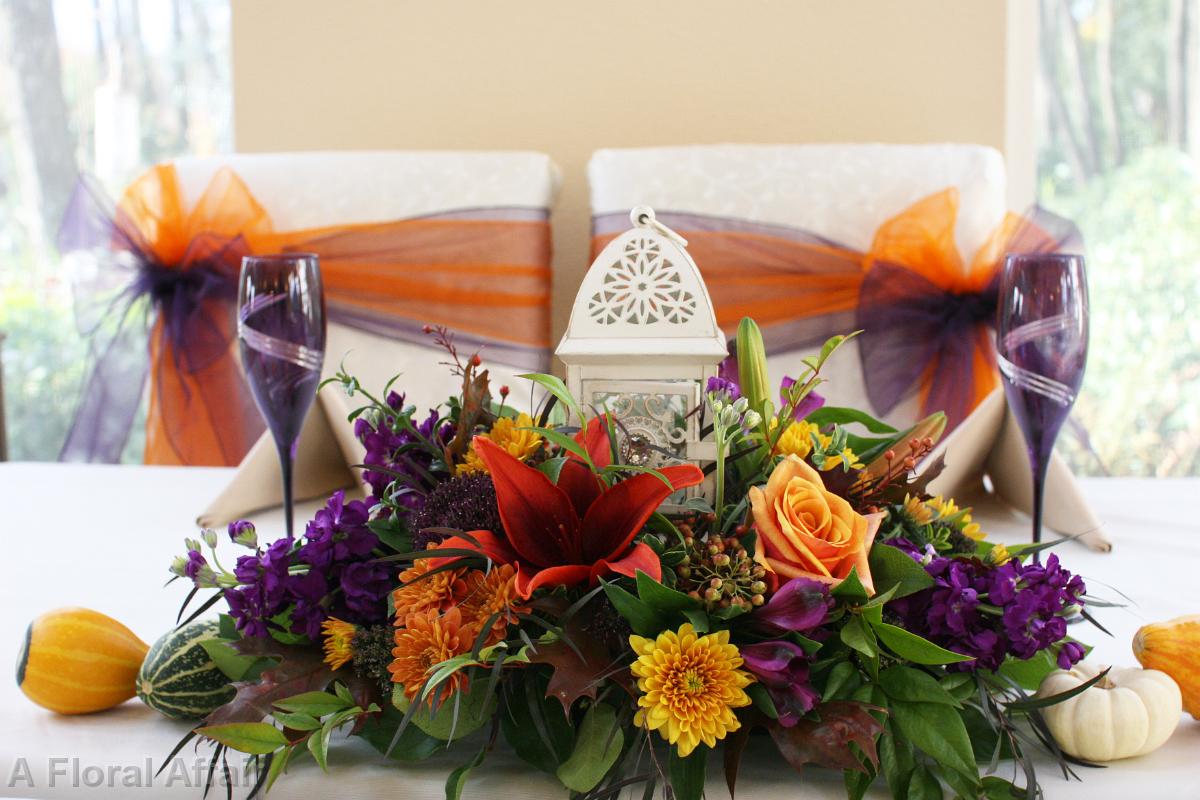 RF1106-Rust Orange, Apricot, and Purple Elegant Fall Head Table Low Centerpiece