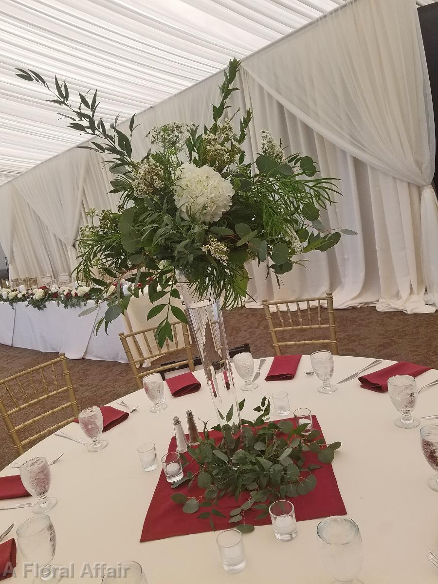 RF1450-Tall Centerpiece with Greenery and A Few White Flowers