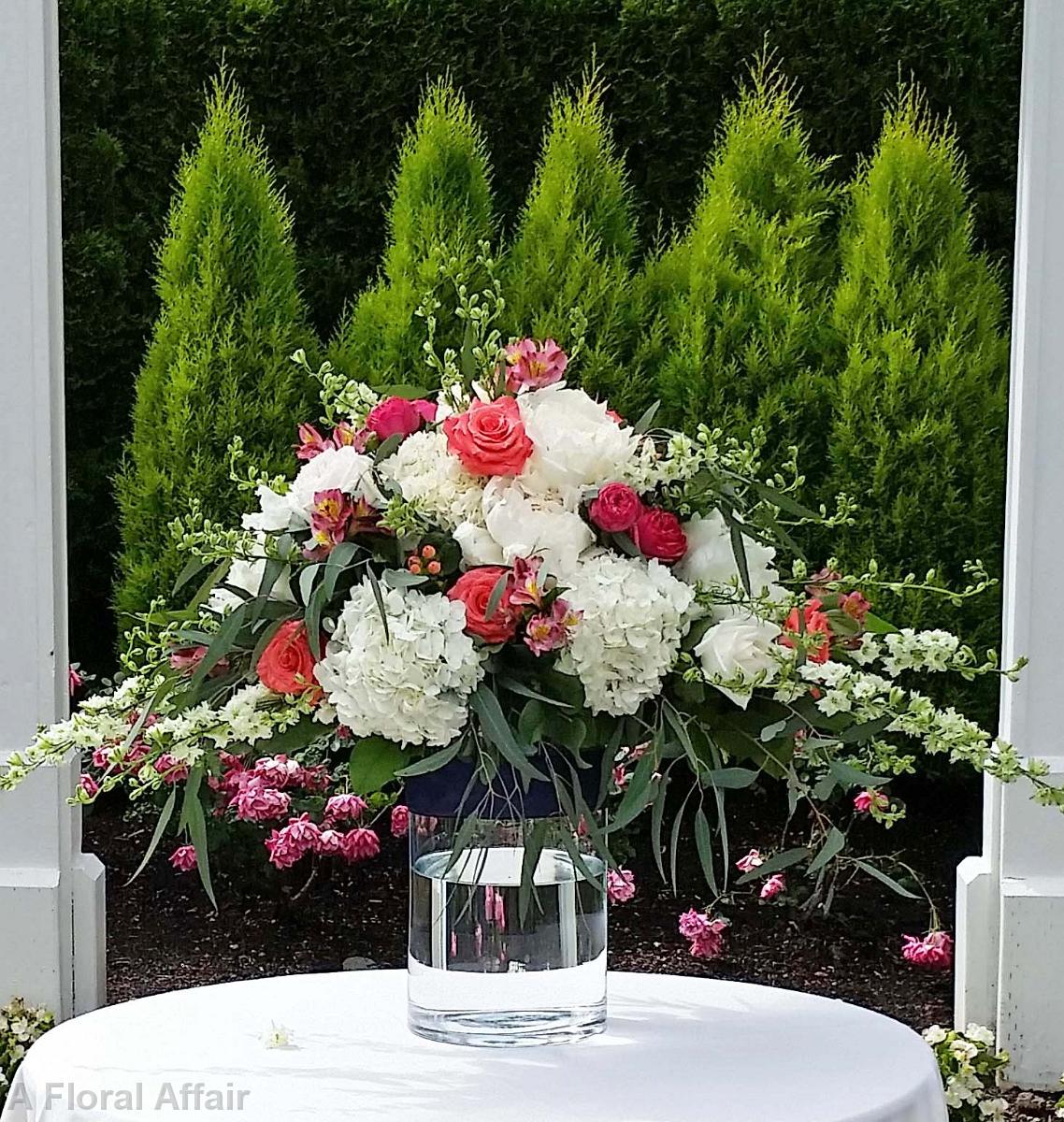 CF0875-Coral and White Wedding Ceremony and Head Table Arrangement