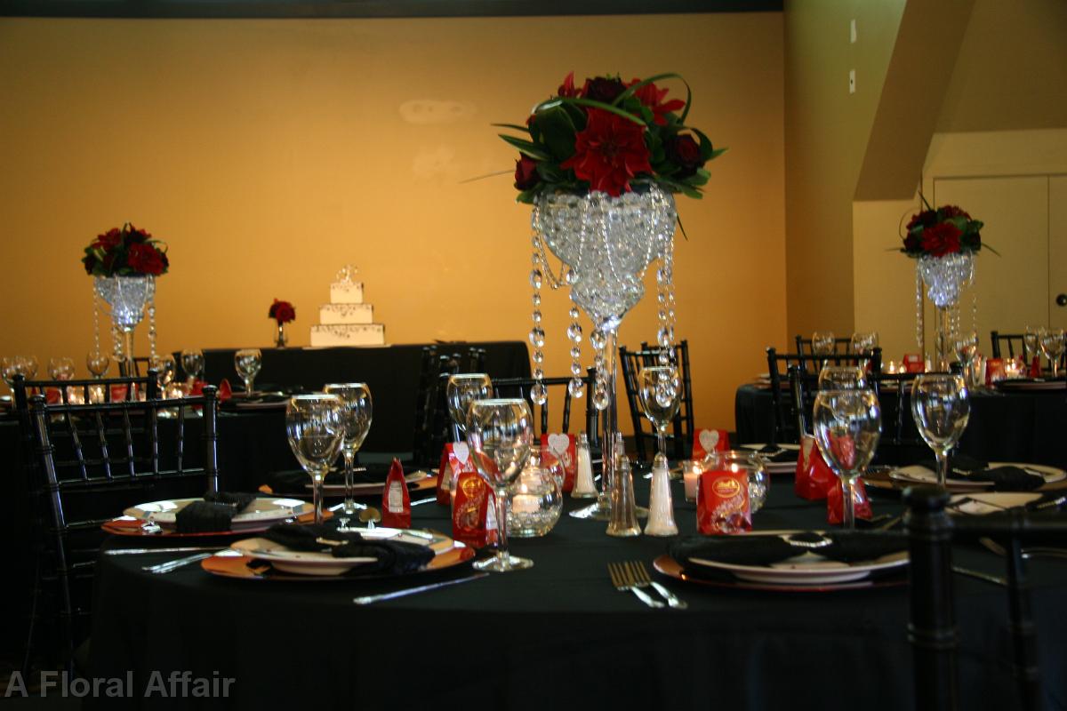 R1090F-Red and Green, Elegant Tall Centerpiece with Hanging Crystals