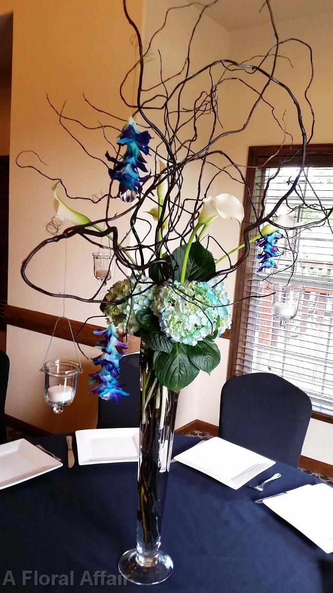 RF1312-Tall Black, Teal and Purple Centerpiece with Hanging Candles