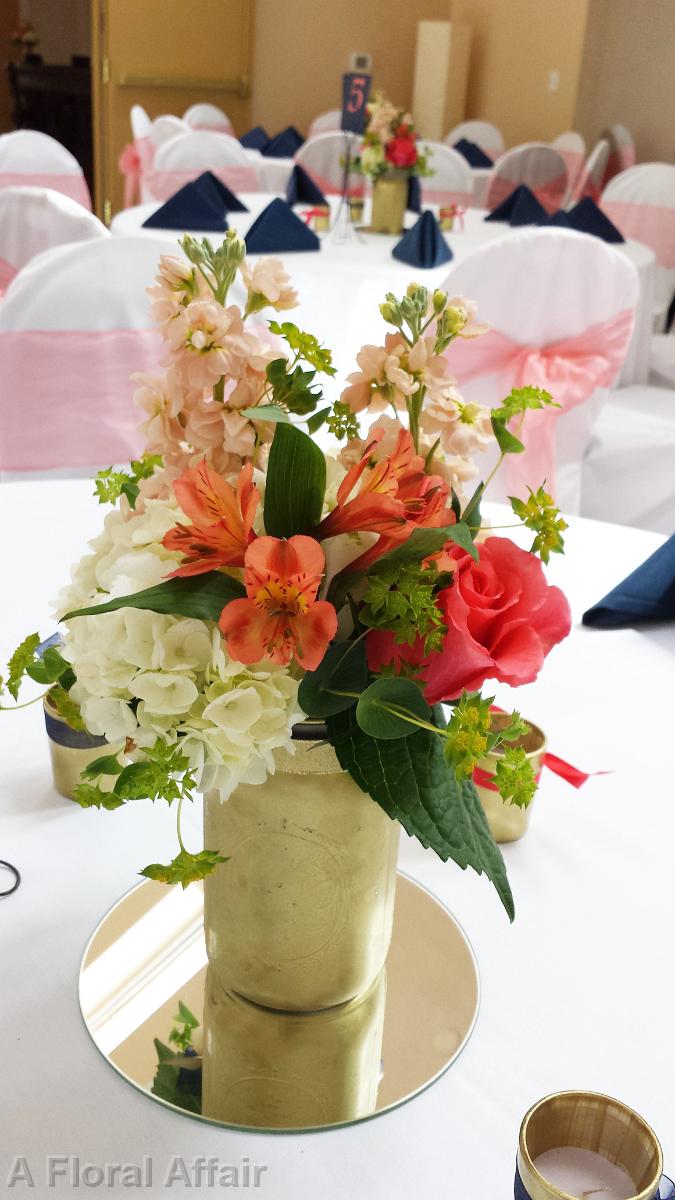 RF1137-Gold, Coral and White Mason Jar Centerpiece