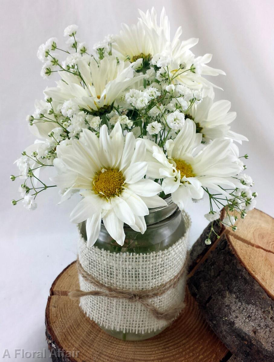 RF1186-Simple White Daisies and Baby's Breath Mason Jar Centerpiece