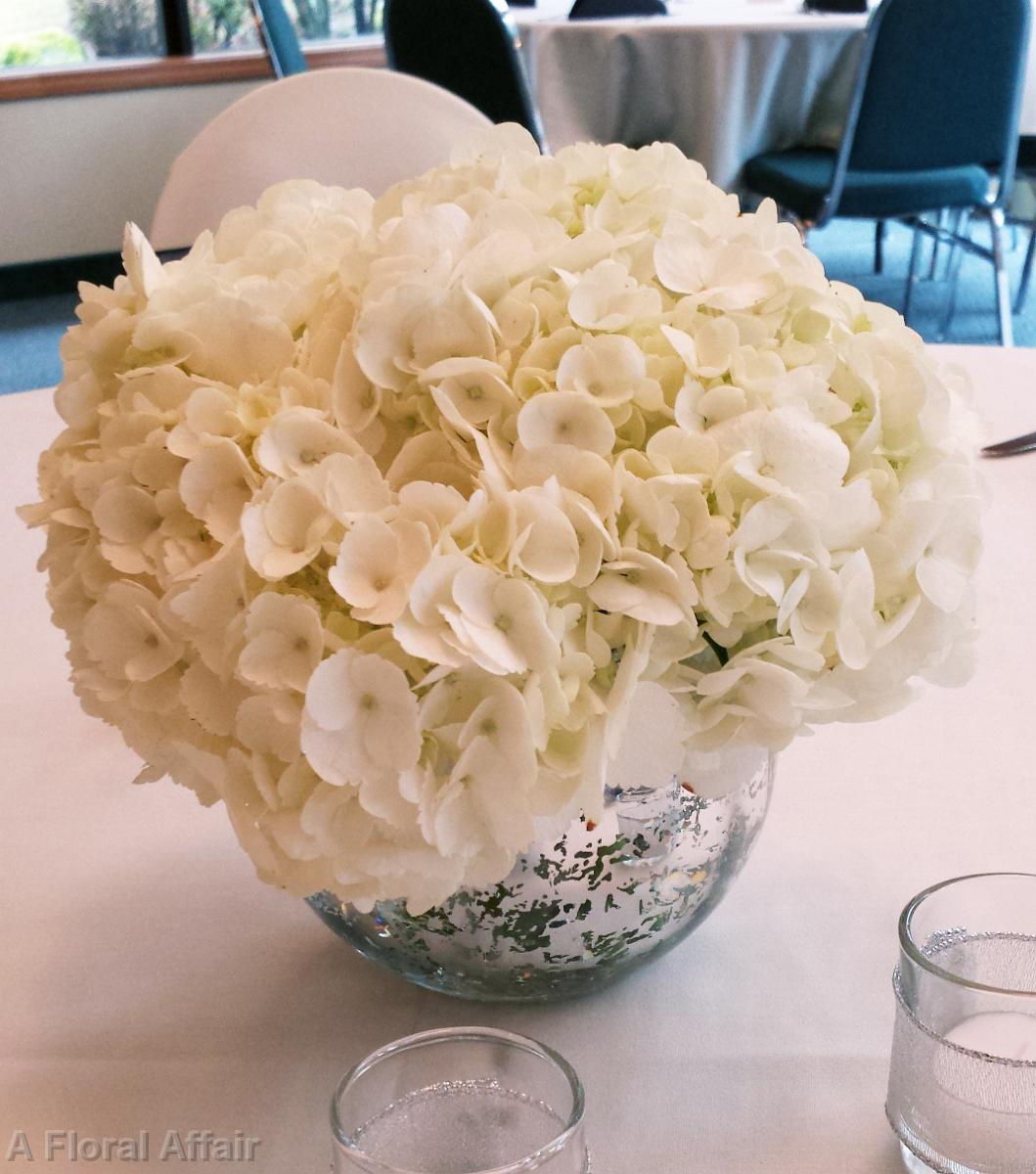 RF1281-White Hydrangea in Mercury Glass Centerpiece