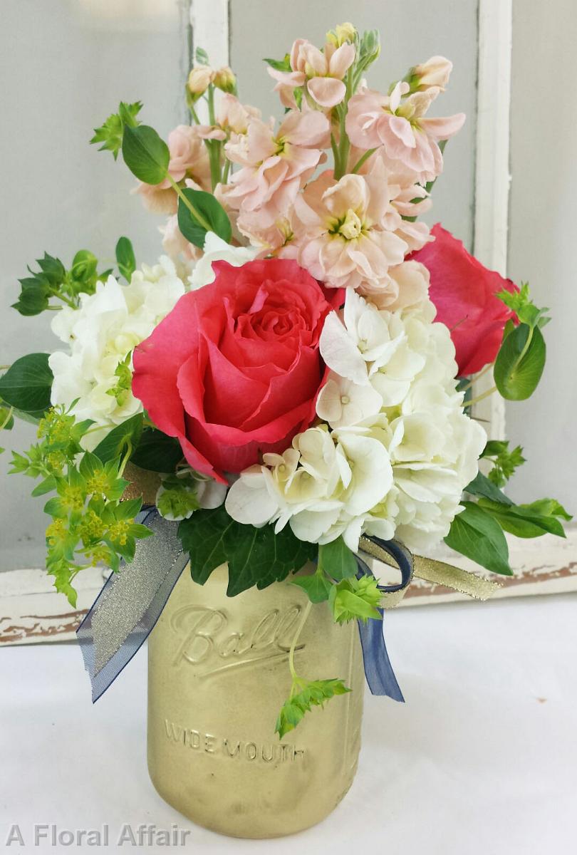 RF1289-Gold, Coral and Navy Mason Jar Centerpiece