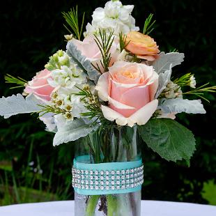 RF1195-Light Coral , White and Gray Centerpiece with Rhinestone and Tiffany Blue Accent