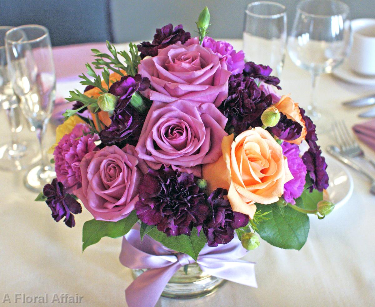 RF0478-Low Romantic Purple and Apricot Centerpiece