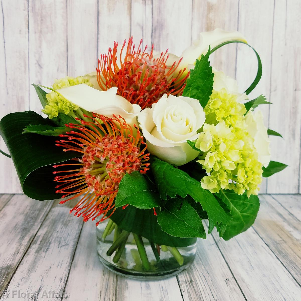 RF1432-Calla Lily and Pin Cusion Protea Centerpiece