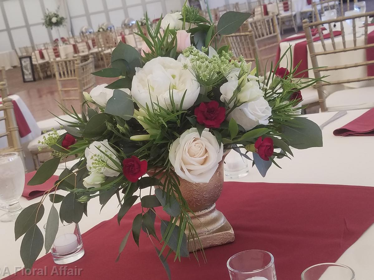 RF1452-Elegant Gold, White and Burgundy Centerpiece