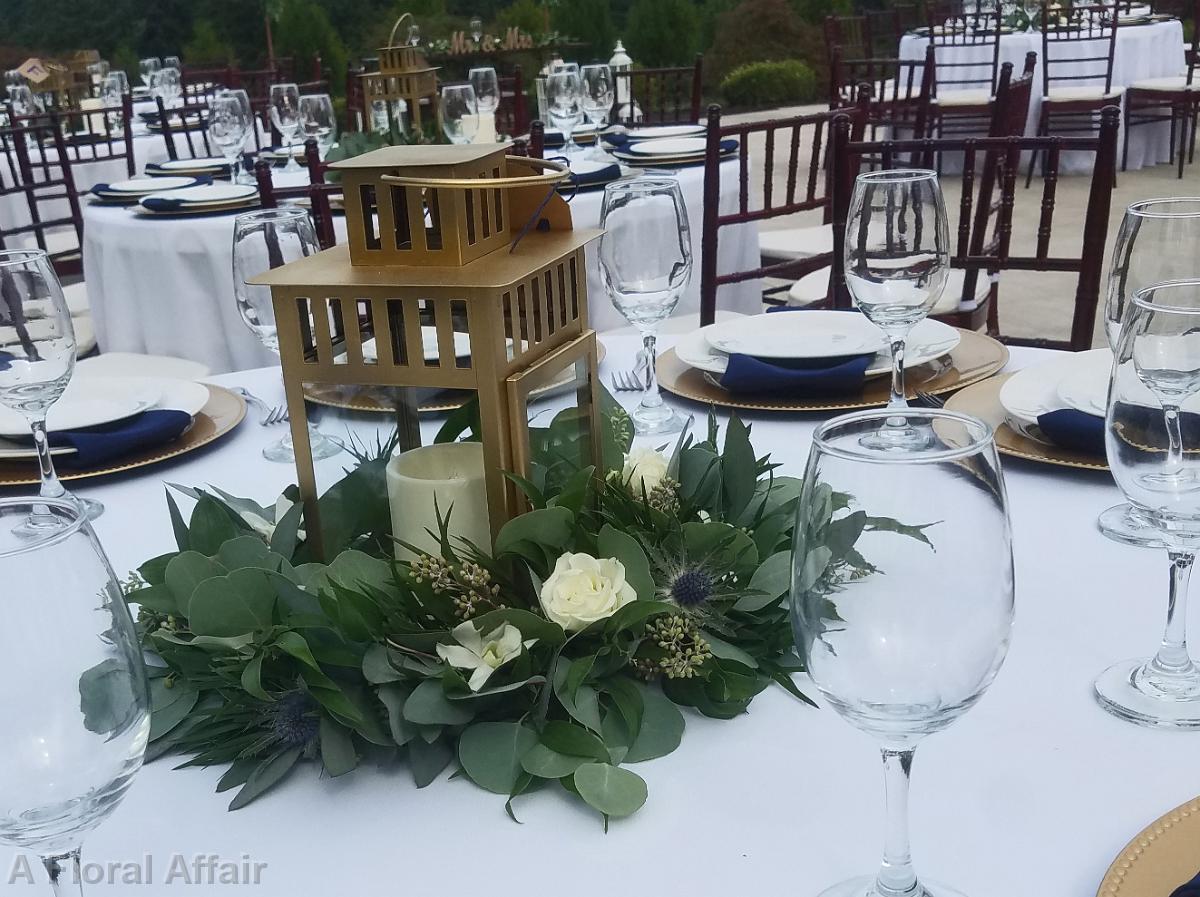 RF1465-Gold Lantern, Greenery and Blue and White Flloral Centerpiece