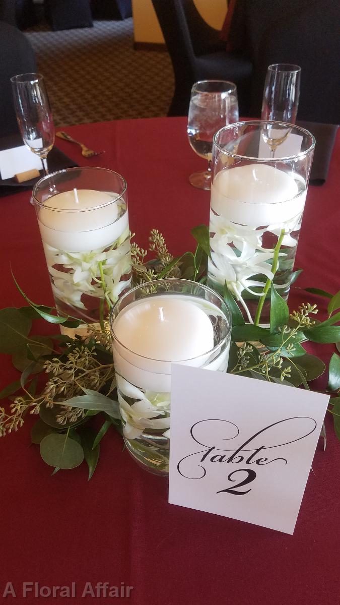 RF1475-Floating Candle Centerpiece with White Orchids and Greenery