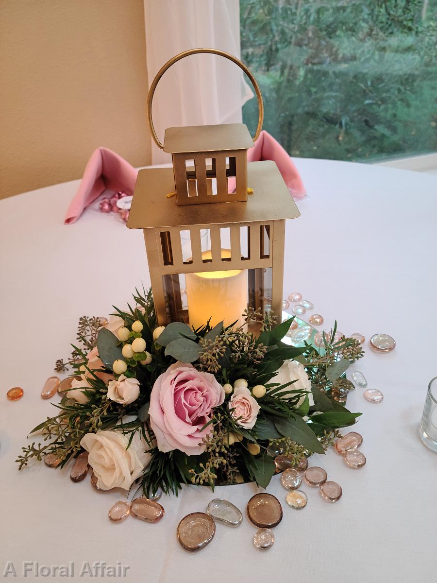 RF1517-Gold Lantern Centerpiece with Blush and Cream Floral and Greenery