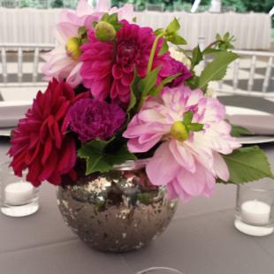 RF1228-Mercury Glass and Raspberry Dahlia Centerpiece