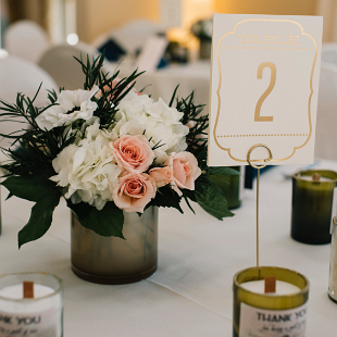 RF1477-Gold Centerpiece Container in Light Orange, White and Greenery