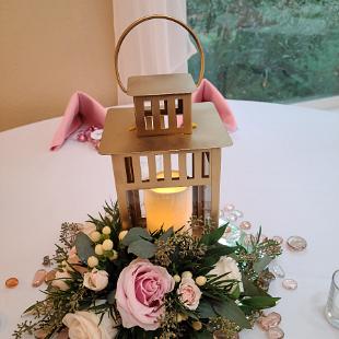 RF1517-Gold Lantern Centerpiece with Blush and Cream Floral and Greenery