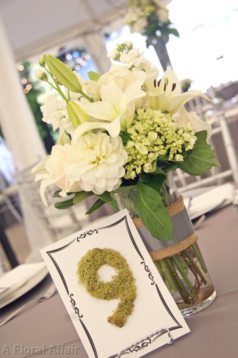 RF0503-White Centerpiece with Burlap and Slate Gray Accents
